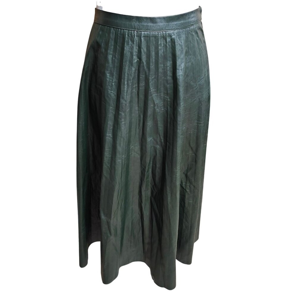 Signature Studio Women's Size Large Green Faux Leather Accordian Midi Skirt Back